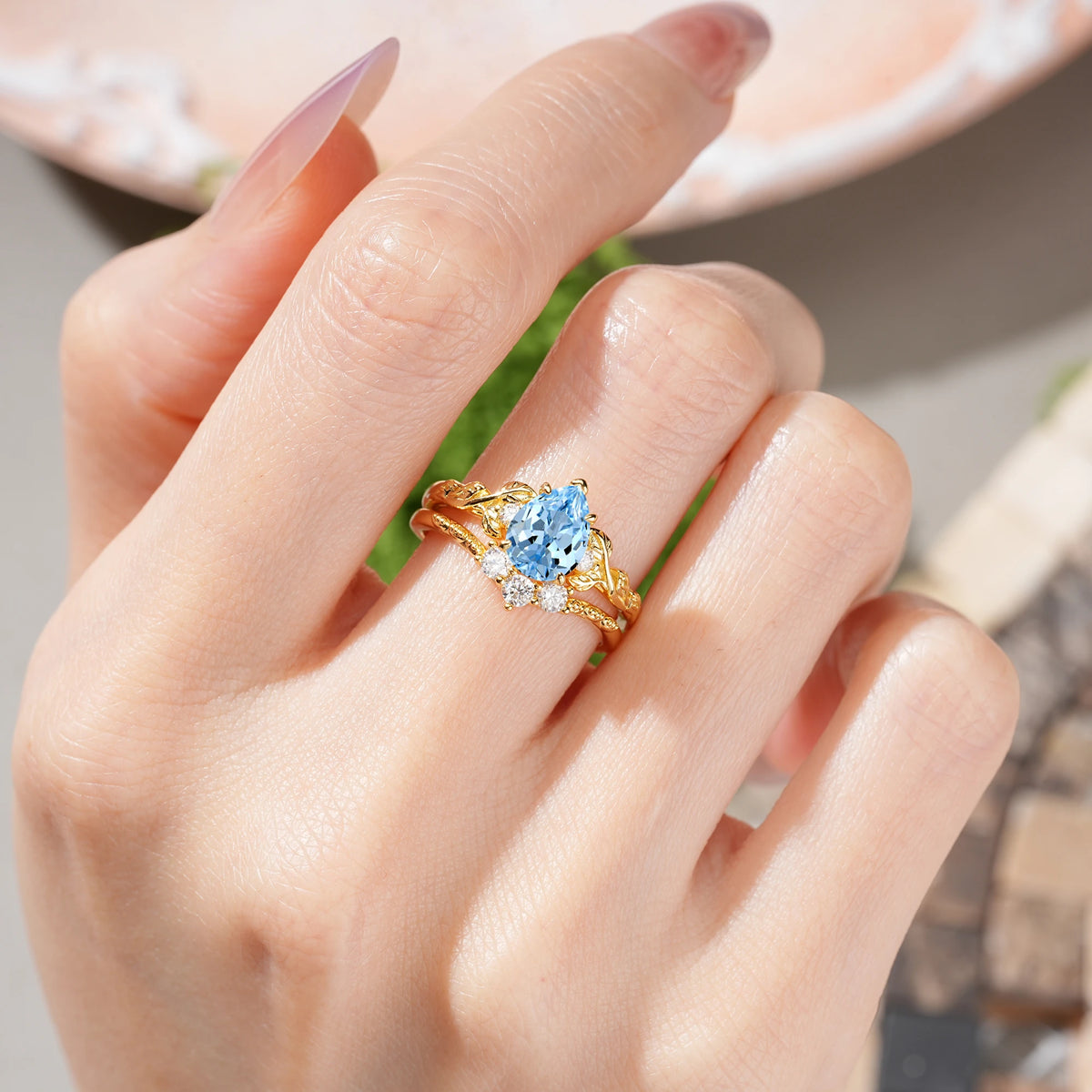 Pear Cut Aquamarine Floral Leaf Bridal Ring Set