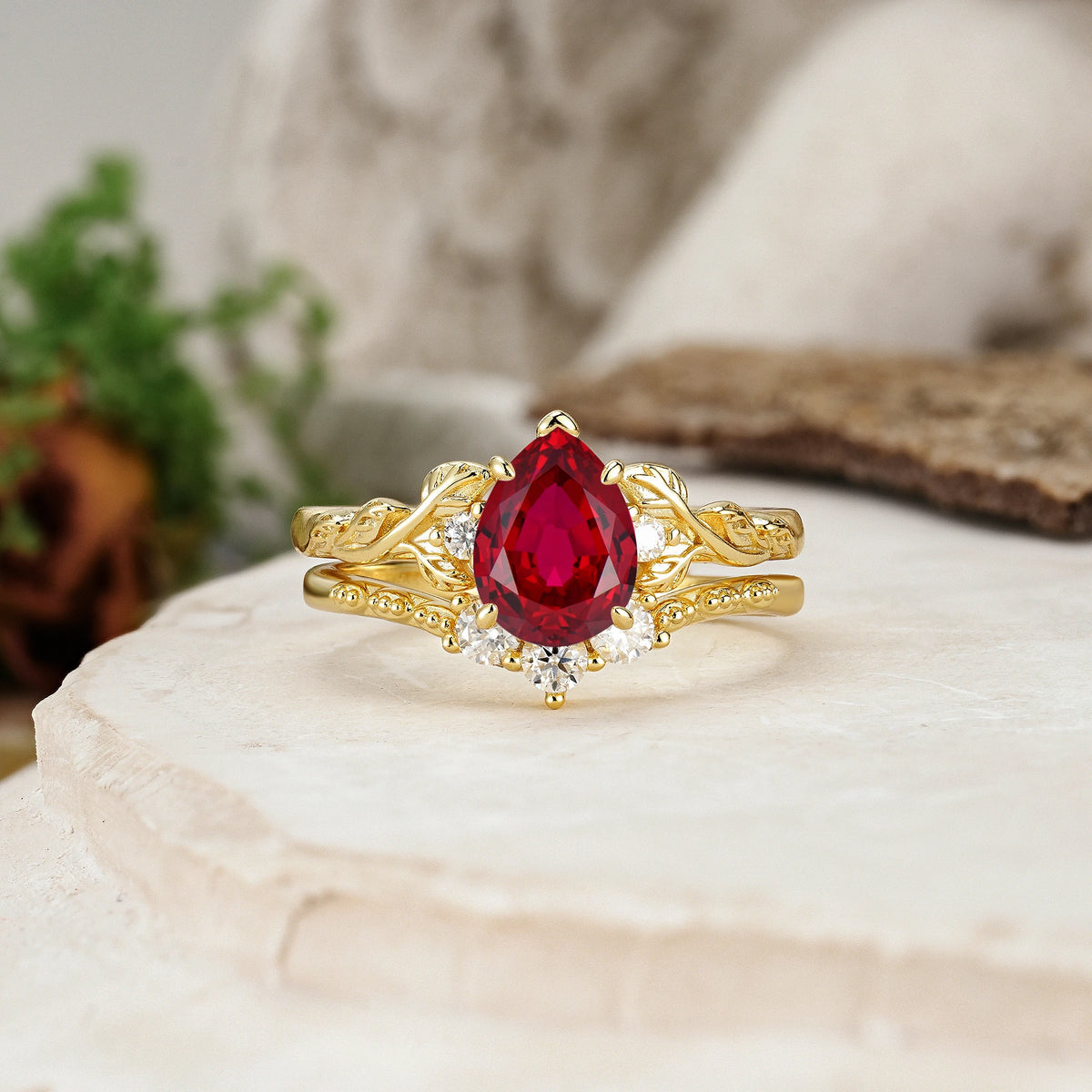Pear Cut Ruby Floral Leaf Bridal Ring Set