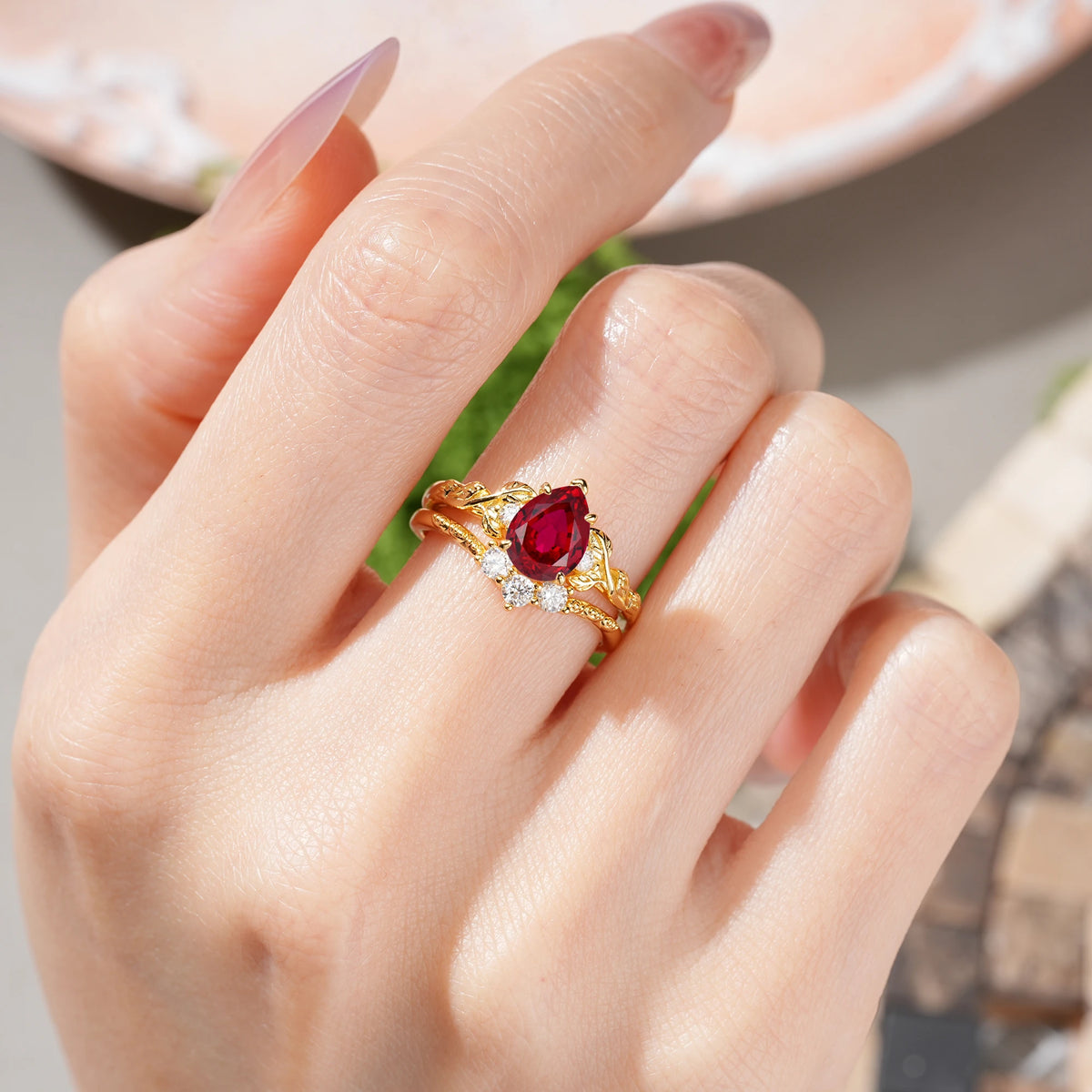 Pear Cut Ruby Floral Leaf Bridal Ring Set