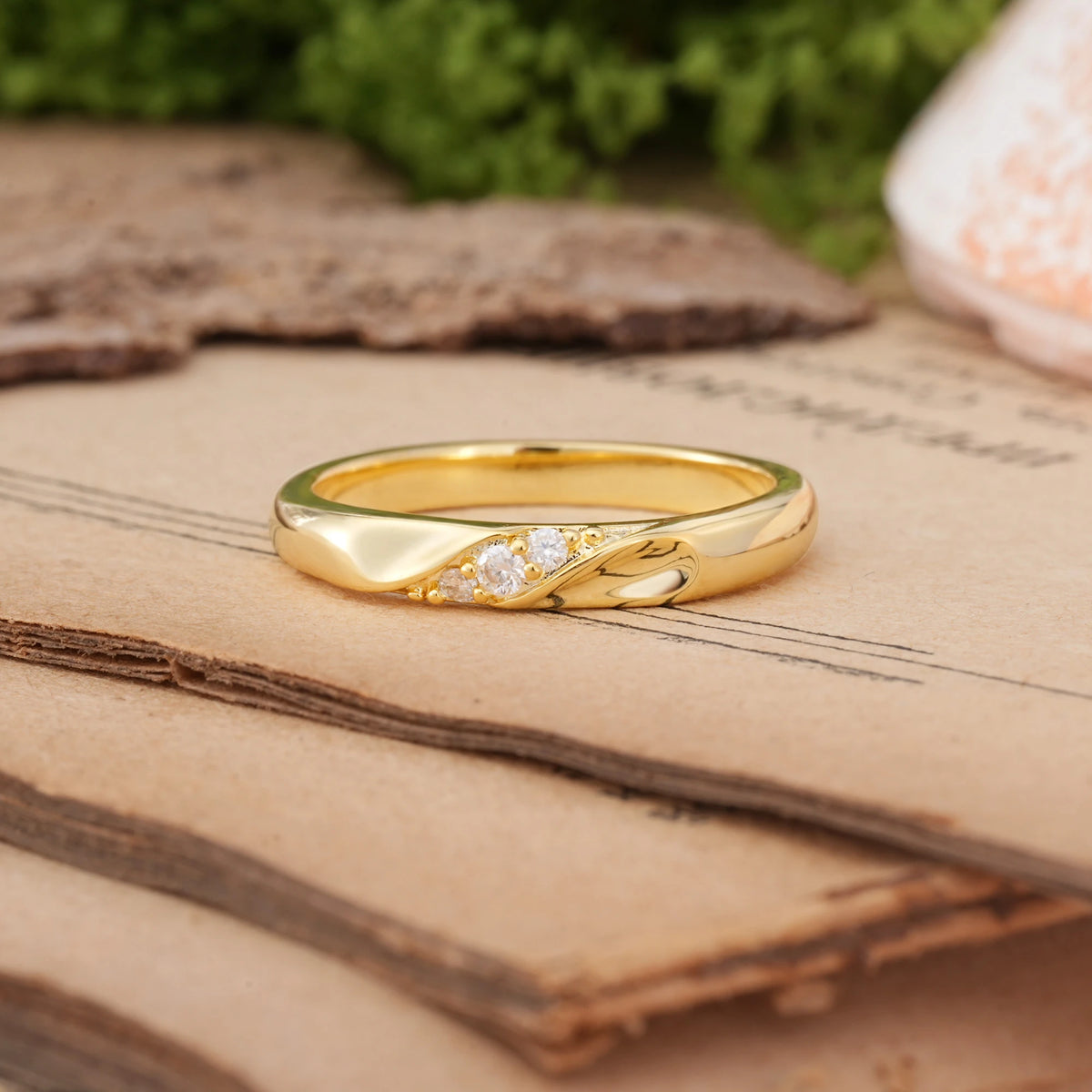 Round Cut Moissanite Distinctive Classic Three Stone Wedding Ring