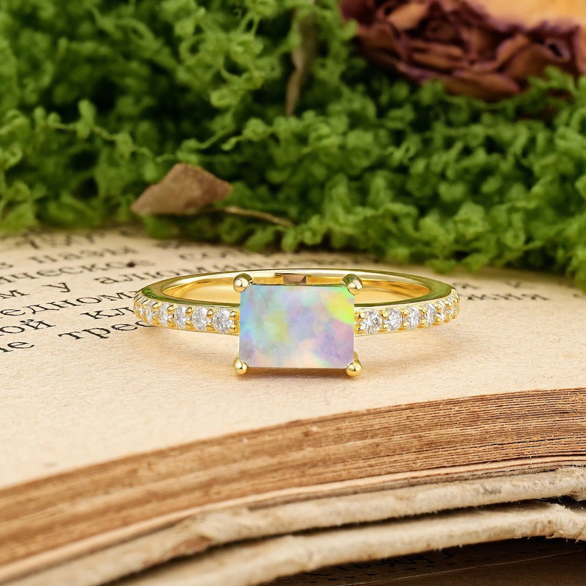Emerald Cut Fire Opal Distinctive And Luxurious 4-Prong Promise Ring