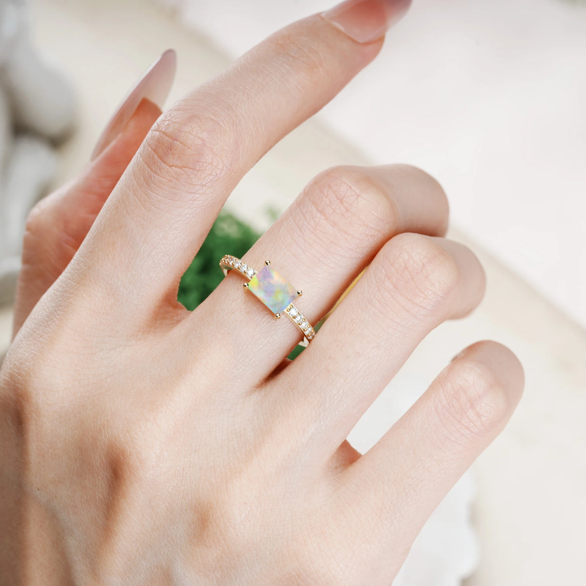 Emerald Cut Fire Opal Distinctive And Luxurious 4-Prong Promise Ring