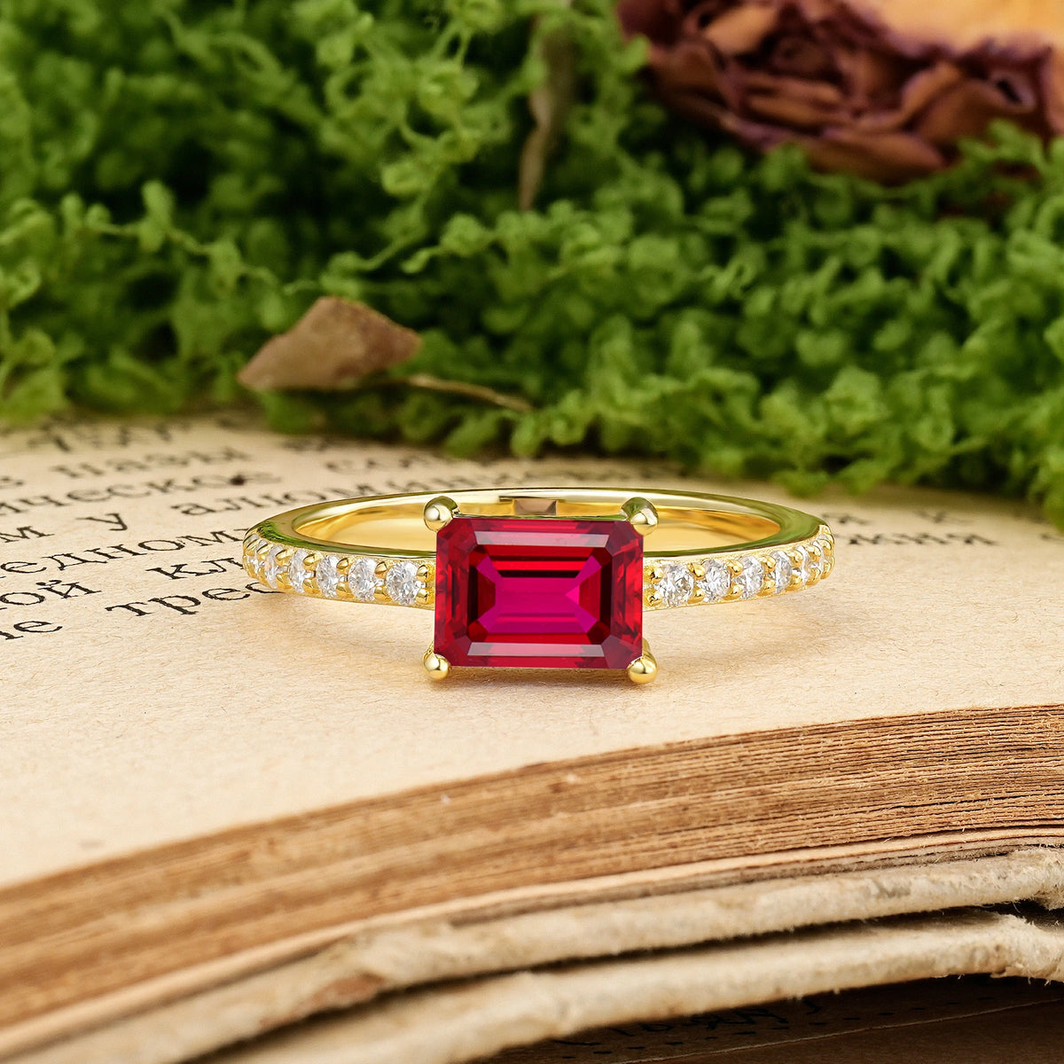 Emerald Cut Ruby Distinctive And Luxurious 4-Prong Promise Ring