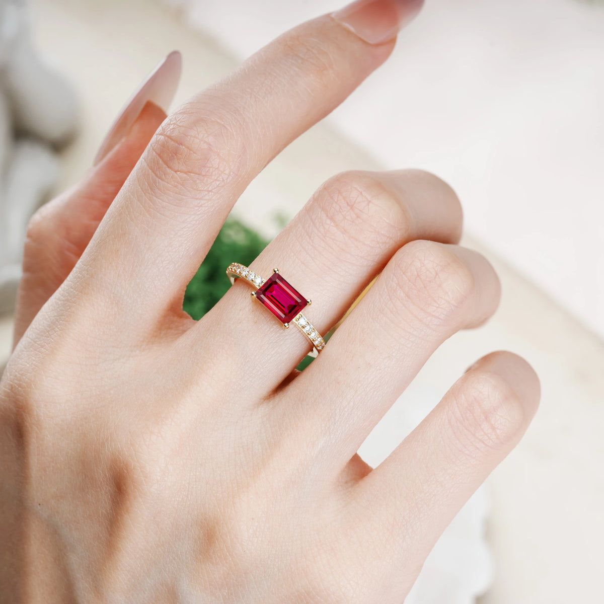 Emerald Cut Ruby Distinctive And Luxurious 4-Prong Promise Ring