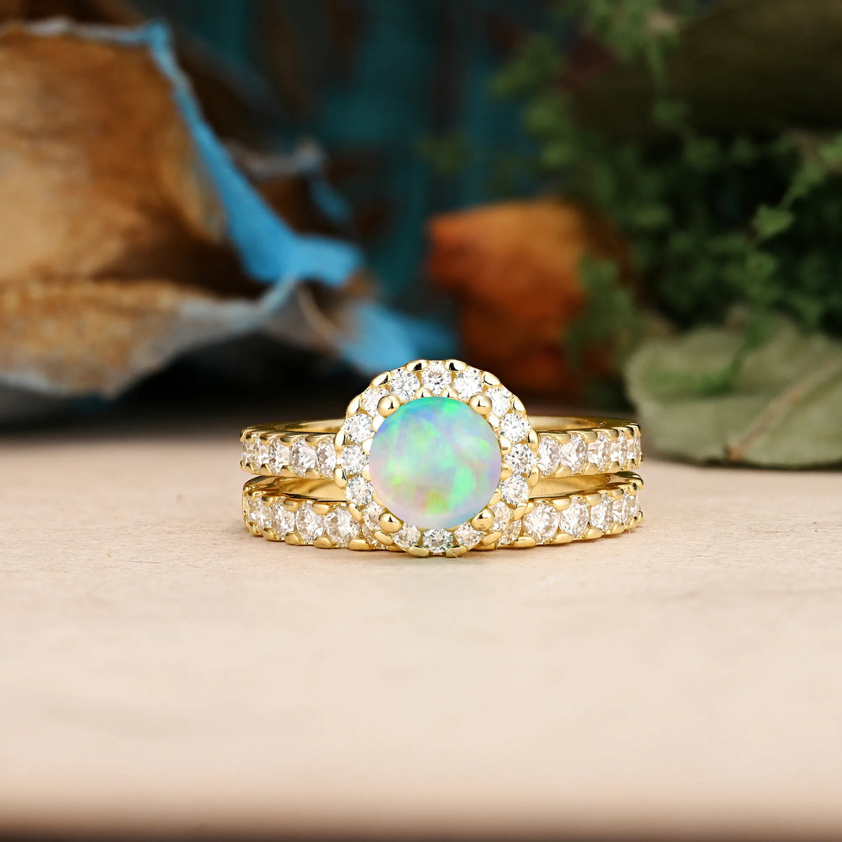 Round Cut Fire Opal Classic, Luxurious 4-Prong Bridal Ring Set