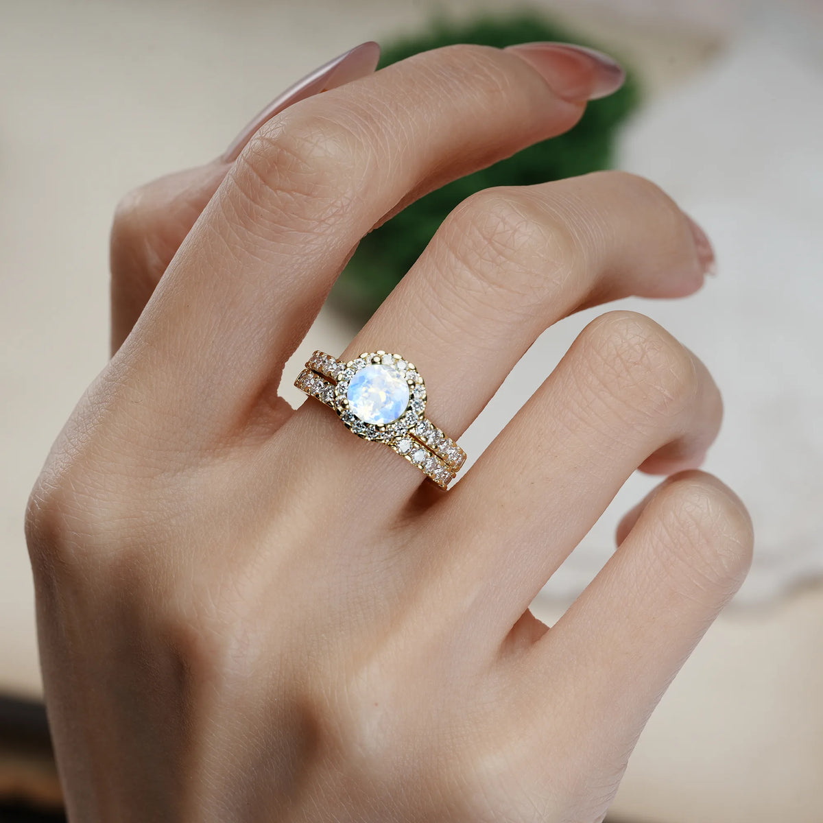 Round Cut Moonstone Classic, Luxurious 4-Prong Bridal Ring Set