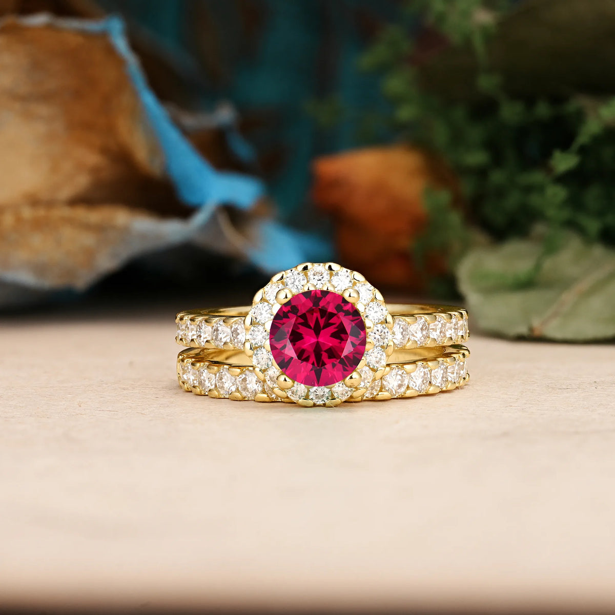 Round Cut Ruby Classic, Luxurious 4-Prong Bridal Ring Set
