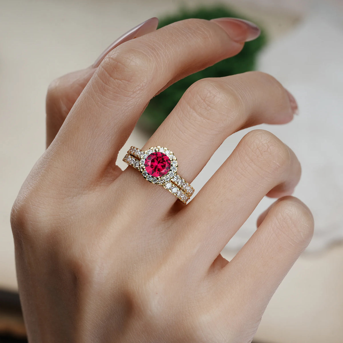 Round Cut Ruby Classic, Luxurious 4-Prong Bridal Ring Set