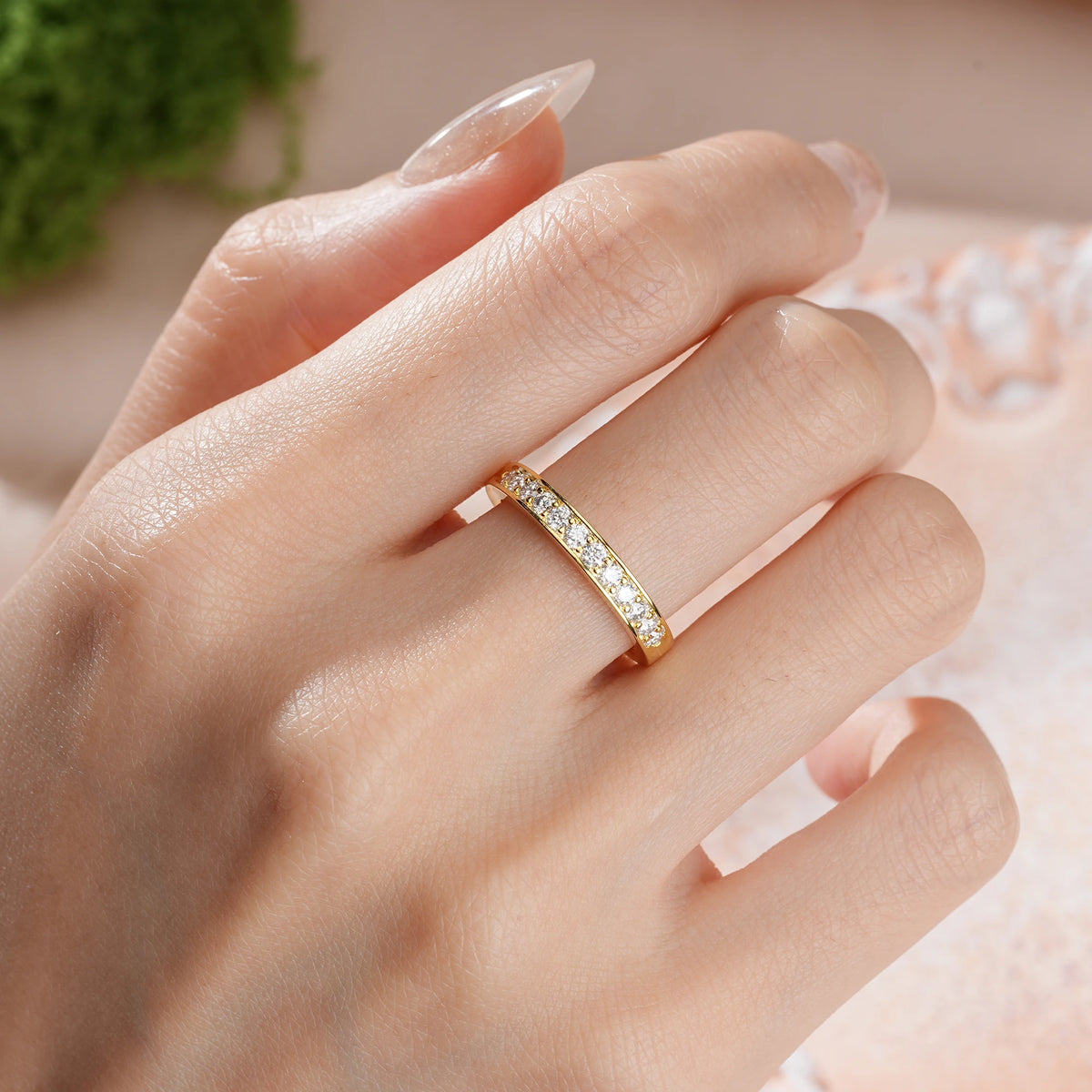 Round Cut Moissanite Half Eternity Channel Set Continuous Flat Edge Wedding Ring